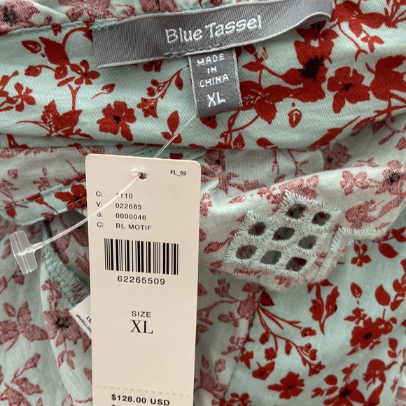 ANTHROPOLOGIE BLUE TASSEL COTTON TRINA BOW SLIGHTLY CROPPED BLOUSE SIZE XL - Picture 7 of 7